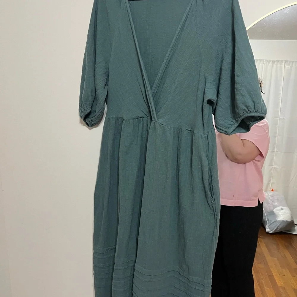 Madewell teal wrap front puff sleeve cotton dress - Picture 3 of 5